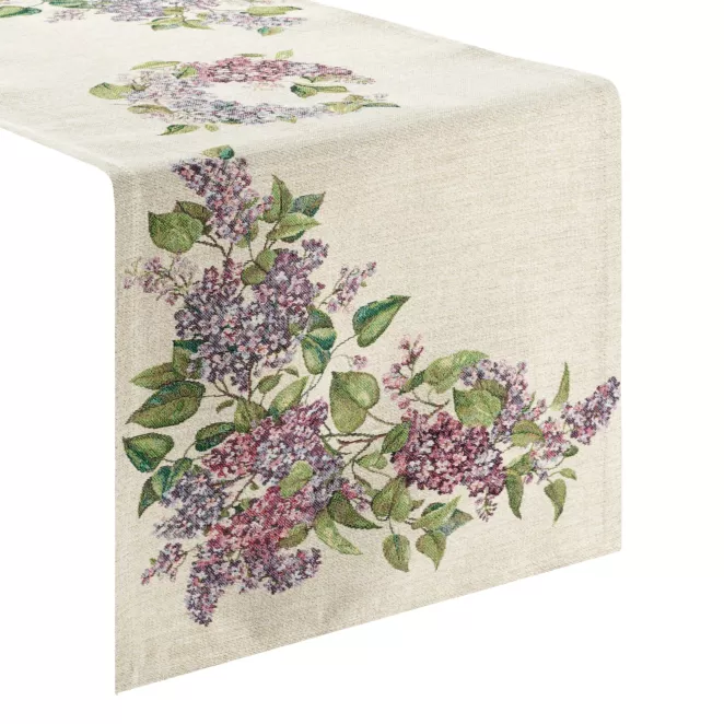Obrus na stół naturalno, fioletowy 40x100 cm gobelinowy zdobiony motywem bzu Eurofirany
