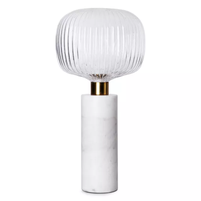 Lampa stołowa do salonu biało, złota LUKA o marmurowej podstawie i szklanym tłoczonym kloszem Eurofirany