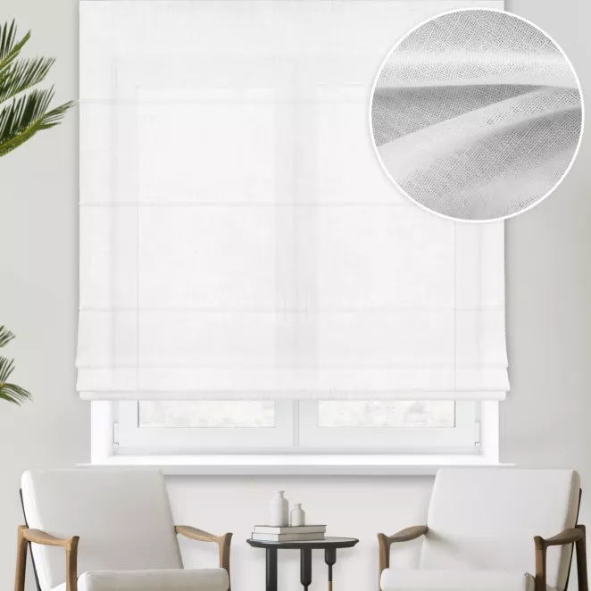 Roleta rzymska biała o naturalnym, luźnym splocie w stylu eko