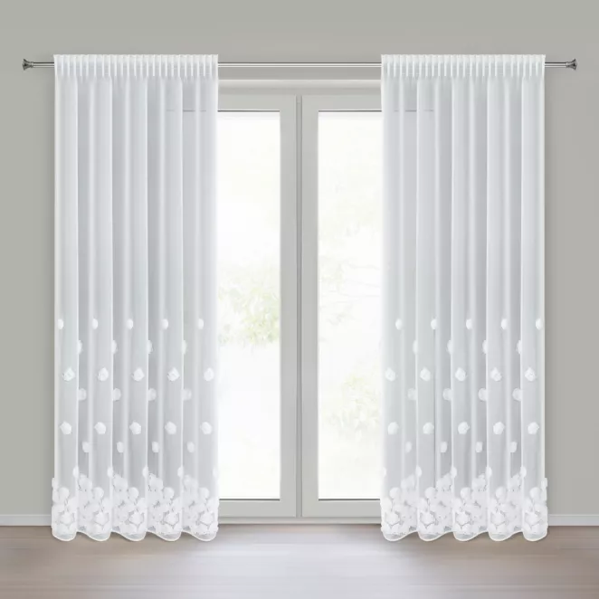 Firana biała z siateczki zdobiona trójwymiarowymi różami 140x270 cm taśma - DIANA Eurofirany