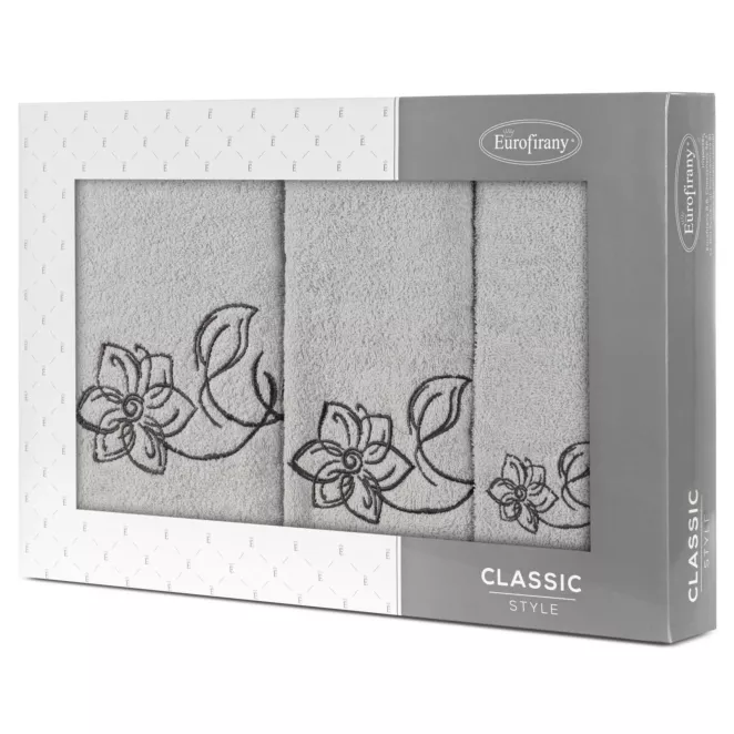 Zestaw ręczników bawełnianych 3 szt kolor srebrny, stalowy z haftem subtelnych kwiatów 400 g/m2 LILA Eurofirany