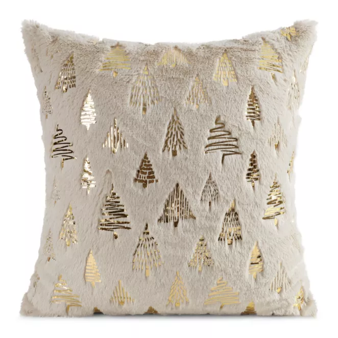 Poszewka na poduszkę świąteczna 45x45 cm beżowo, złota z przyjemnego futerka zdobiona nadrukiem choinek Eurofirany