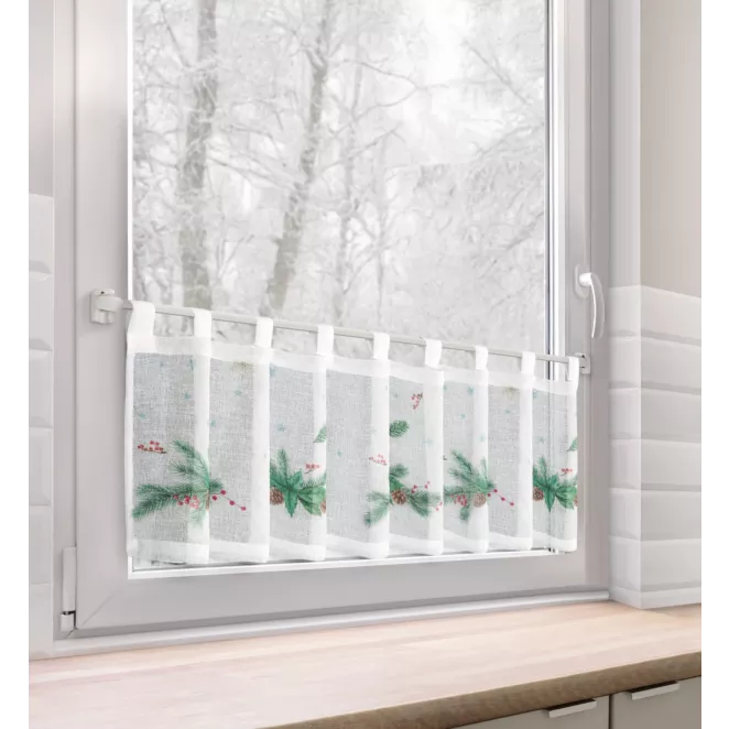 Zazdrostka świąteczna biało, zielona z etaminy zdobiona nadrukiem z motywem świątecznym 150x30 cm szelki - XMAS 4 Eurofirany