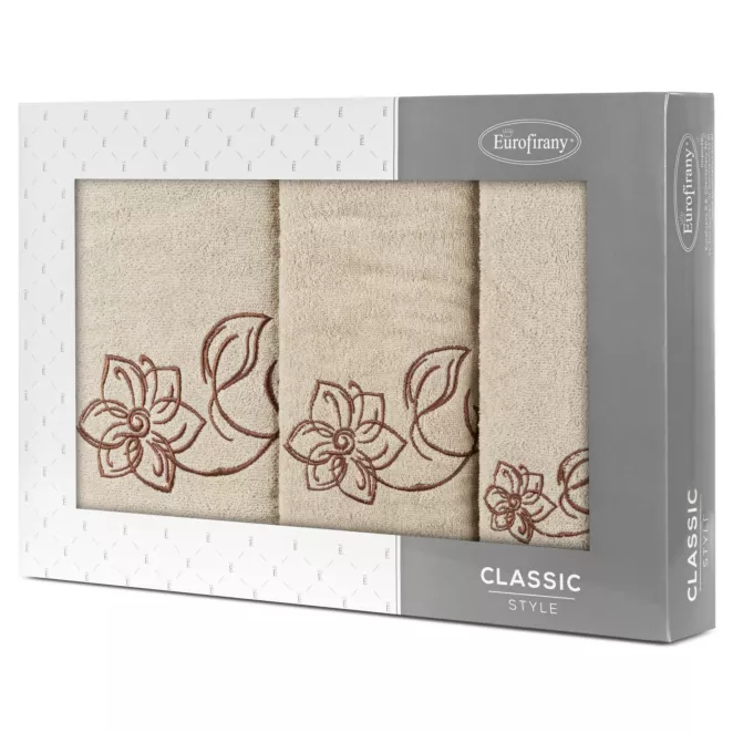 Zestaw ręczników bawełnianych 3 szt kolor beżowy, brązowy z haftem subtelnych kwiatów 400 g/m2 LILA Eurofirany