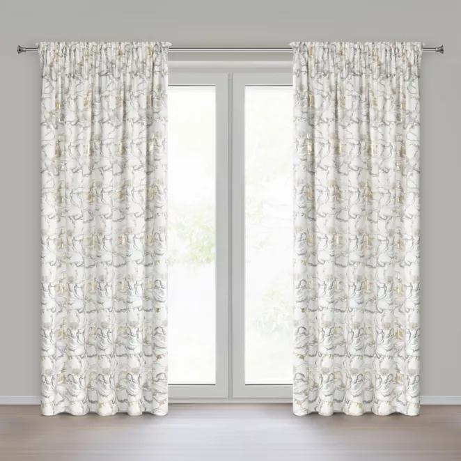 Zasłona biało, szara z welwetu zdobiona nadrukiem kwiatów i szampańskich akcentów 140x270 cm taśma - LISA Eurofirany