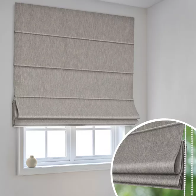 Roleta rzymska srebrna z tkaniny o naturalnym splocie i efektem melanżu, z dodatkiem nici metalicznej Italissima Eva Minge