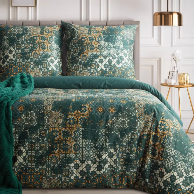 Pościel 160x200 cm z satyny bawełnianej kolor ciemnozielony, jasnozłoty z motywem mozaiki SPRING 69 Eurofirany