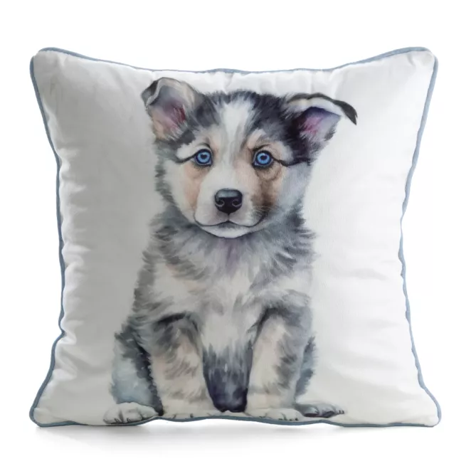 Poszewka na poduszkę 45x45 cm welwetowa biało, szara z motywem psa ANIMAL 83 Eurofirany