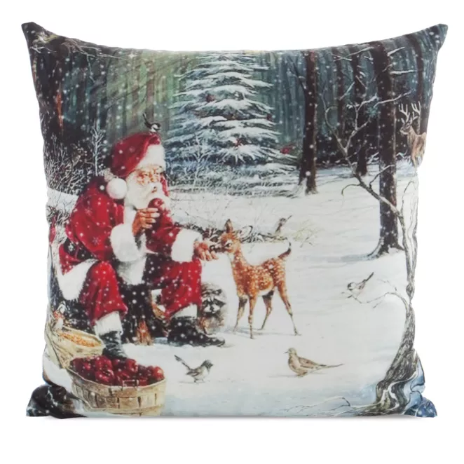 Poszewka na poduszkę świąteczna 45x45 cm zielono, czerwona zdobiona nadrukiem Mikołaja Eurofirany