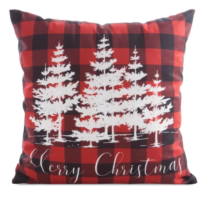 Poszewka na poduszkę 45x45 cm welwetowa czerwono, biała zdobiona świątecznym nadrukiem choinek  Eurofirany