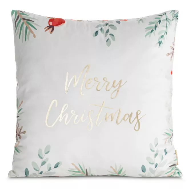 Poszewka na poduszkę świąteczna 45x45 cm welwetowa biało, zielona zdobiona nadrukiem Eurofirany