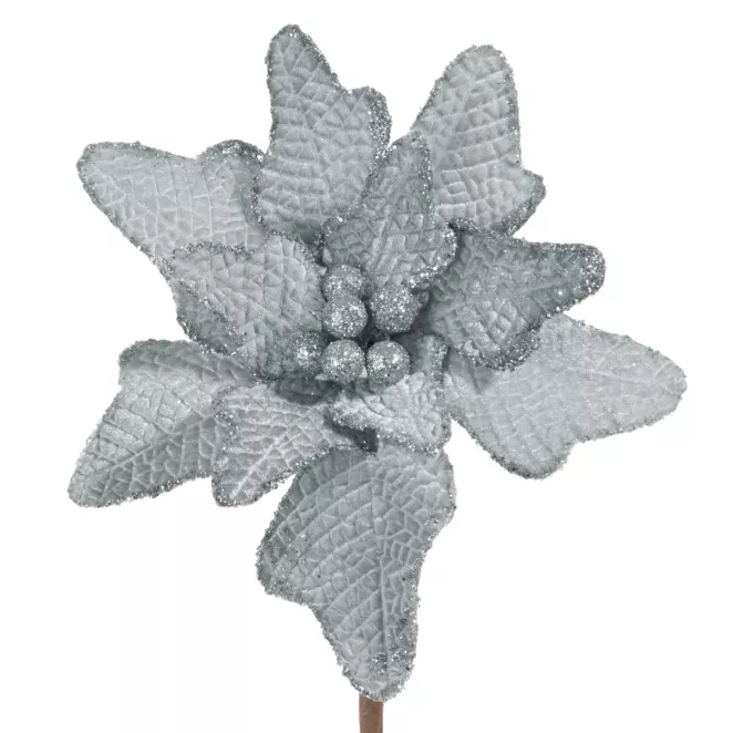 Ciemny srebrny  kwiat dekoracyjny na choinkę z brokatem 20 cm Eurofirany