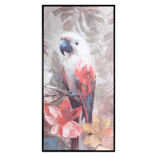 Obraz biało, czerwony ręcznie malowaną na płótnie papugą 50x100 cm Eurofirany