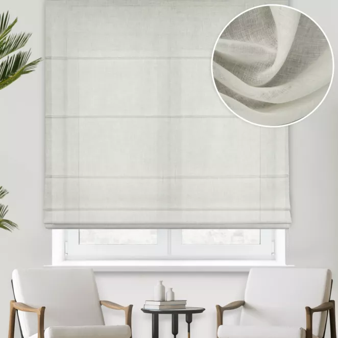 Roleta rzymska kremowa wykonana z naturalnej lnianej tkaniny, matowa, wykończona obciążnikiem