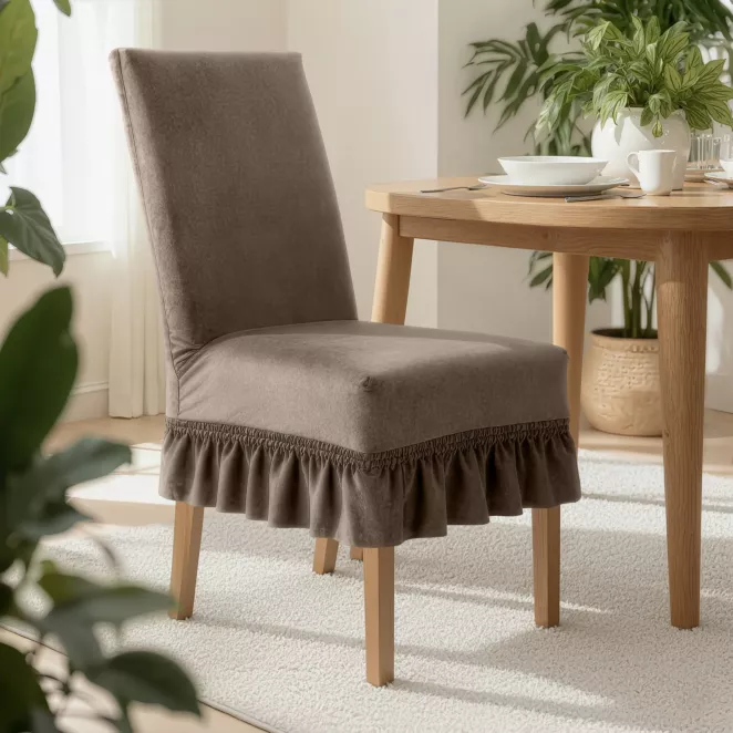 Pokrowiec na krzesło ciemnobeżowy wodoodporny z ozdobną falbanką  Design 91  Eurofirany