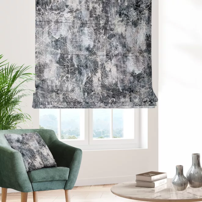 Roleta rzymska grafitowo złota z welwetowej tkaniny z błyszczącym nadrukiem