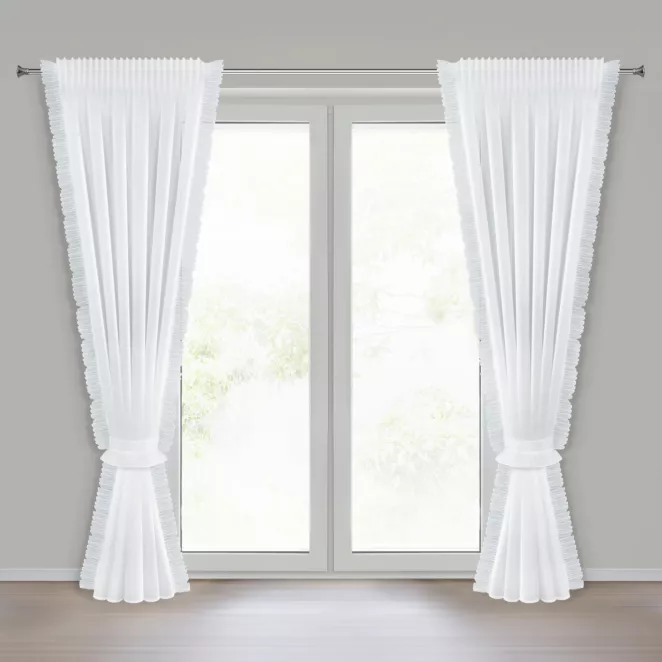 Firana biała z etaminy zdobiona falbanami po bokach tkaniny w zestawie ozdobny troczek 140x270 cm taśma KAREN Eurofirany