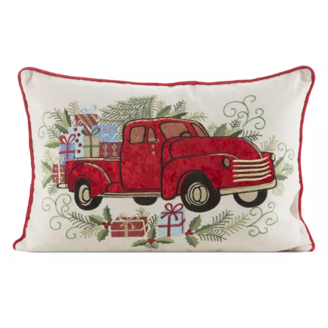 Poszewka na poduszkę świąteczna 35x50 cm czerwono, zielona zdobiona haftem autka Eurofirany