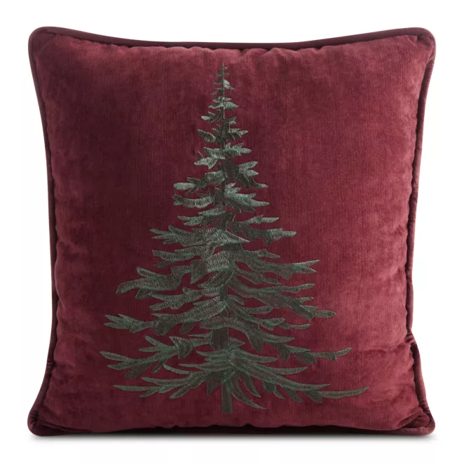 Poszewka na poduszkę świąteczna 45x45 cm welwetowa bordowo, zielona z szenilu zdobiona haftem choinki Eurofirany
