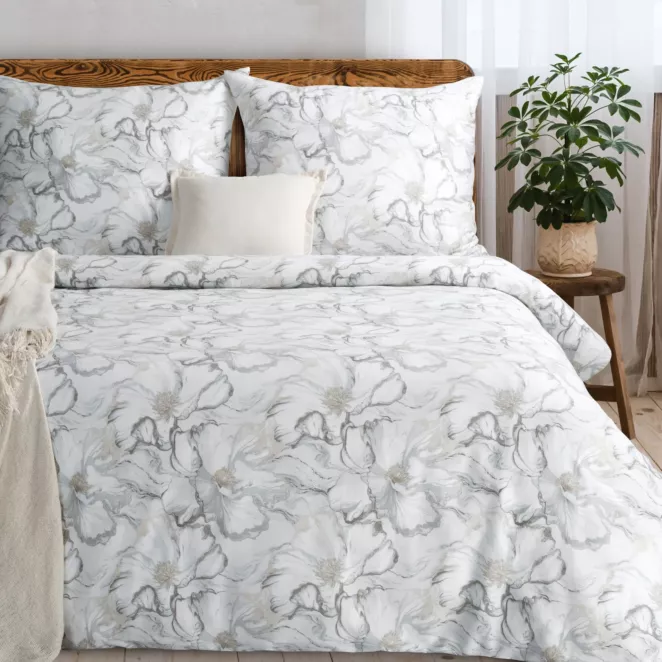 Pościel 160x200 cm komplet 3 częściowy z satyny bawełnianej kolor kremowy, jasnoszary  zdobiona nadrukiem kwiatów - LISA Eurofirany