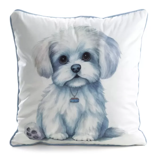 Poszewka na poduszkę 45x45 cm welwetowa biały, jasnoniebieski z motywem psa ANIMAL 84 Eurofirany