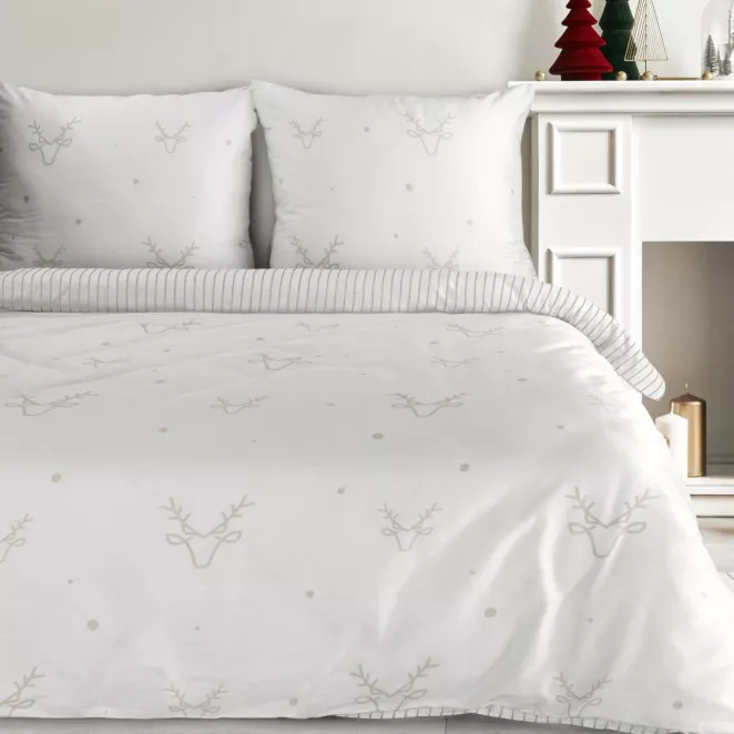 Pościel świąteczna 220x200 cm satyna bawełniana kolor biały, beżowy zdobiona nadrukiem subtelnych reniferów BOSQUE Eurofirany