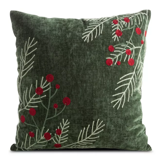 Poszewka na poduszkę świąteczna 45x45 cm z szenilowej tkaniny zielono, czerwona zdobiona haftem Eurofirany