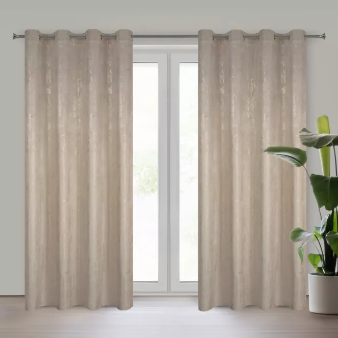 Zasłona ciemnobeżowa z tkaniny welwetowej zdobiona złotym przecieranym nadrukiem złote przelotki - DARA Eurofirany