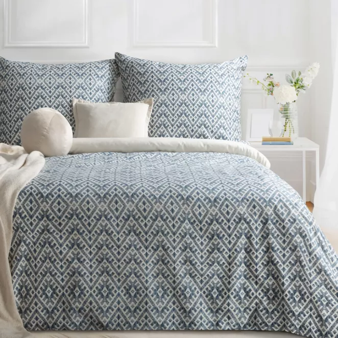 Pościel 140x200 cm komplet 2 częściowy satyna bawełniana kolor granatowo, kremowy z motywem etnicznym SPRING 98 Eurofirany