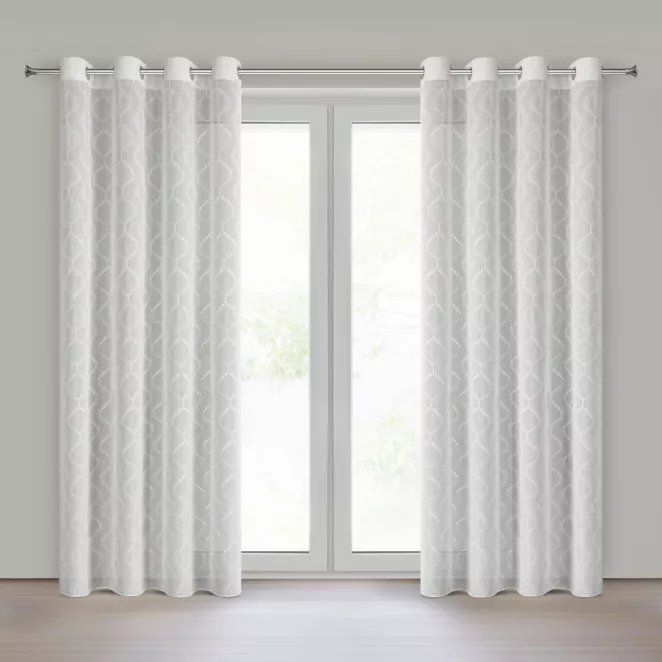 Firana biała z etaminy zdobiona ażurowym haftem 140x250 cm przelotki - RAYA Eurofirany