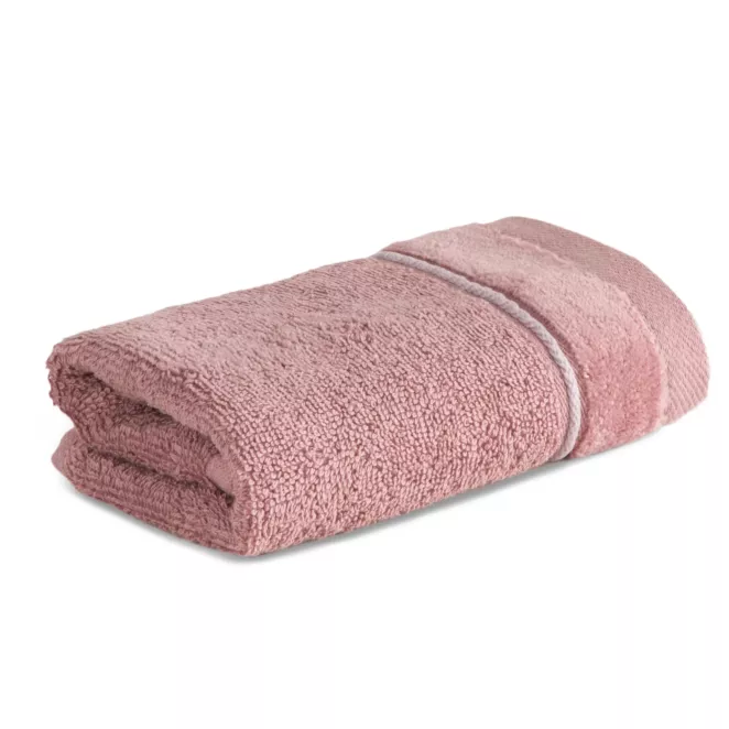 Ręcznik do rąk 30x50 cm bawełniany kolor pudrowy z welwetową bordiurą i kontrastującymi paseczkami 500 g/m2 SIBEL Eurofirany