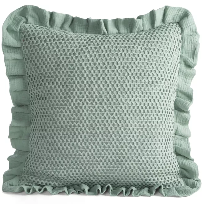 Poszewka na poduszkę 45x45 cm muślinowa z siateczką oraz ozdobną falbanką na brzegach szałwiowa MUŚLIN 2 Eurofirany