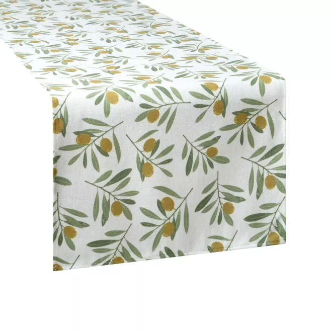 Bieżnik na stół plamoodporny 40x140 cm biało, zielony z motywem oliwek - ERIN Eurofirany