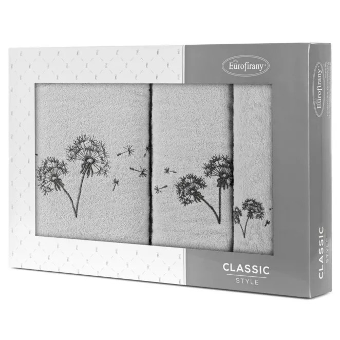 Zestaw ręczników bawełnianych 3 szt kolor srebrny, stalowy z haftem dmuchawca 400 g/m2 MOLI Eurofirany