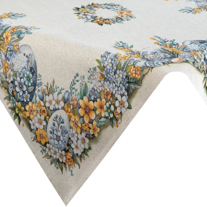 Wielkanocny obrus naturalno, niebieski 100x100 cm gobelinowy zdobiony tkanym motywem świątecznym Eurofirany