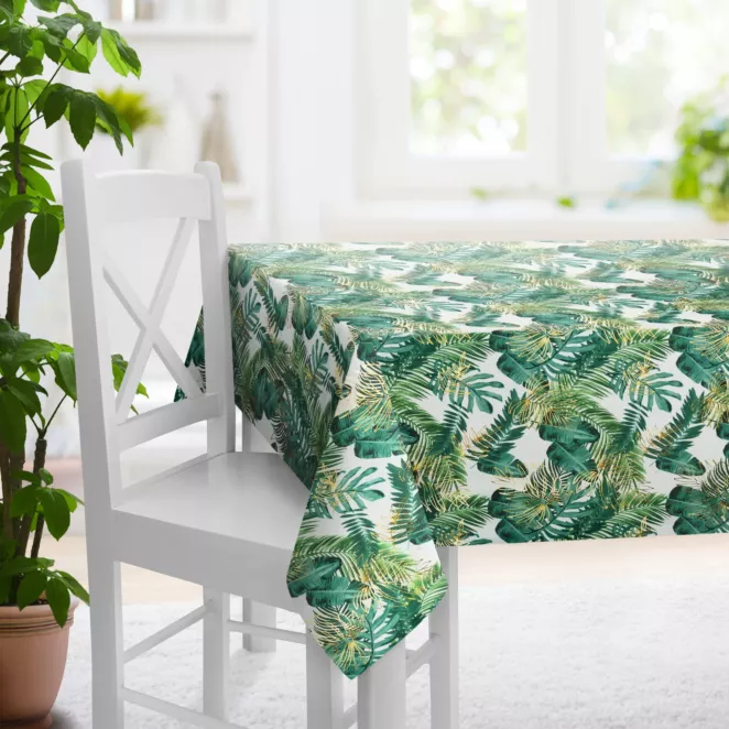 Obrus szyty biało zielony miękka, welwetowa, z błyszczącym nadrukowanym motywem botanicznym