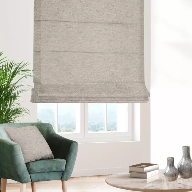 Roleta rzymska TEXTURE 2 oliwkowo srebrna z miękkiej tkaniny szenilowej z błyszczącym nadrukiem