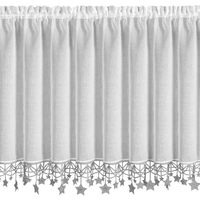 Zazdrostka świąteczna biało, srebrna z etaminy zdobiona luźno zwisającymi gwiazdkami 150x90 cm tunel - XMAS Eurofirany