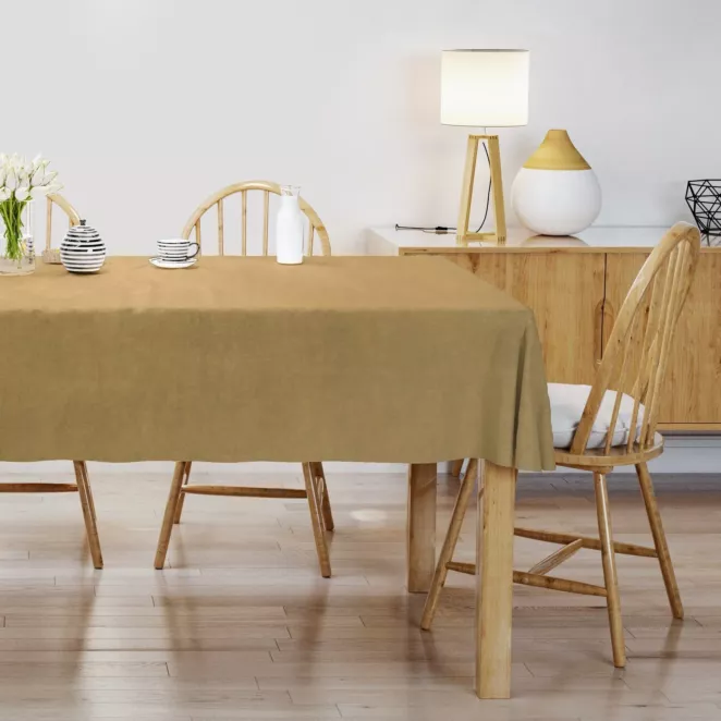 Obrus szyty ENYA jasnobrązowy z miękkiej półmatowej tkaniny welwetowej