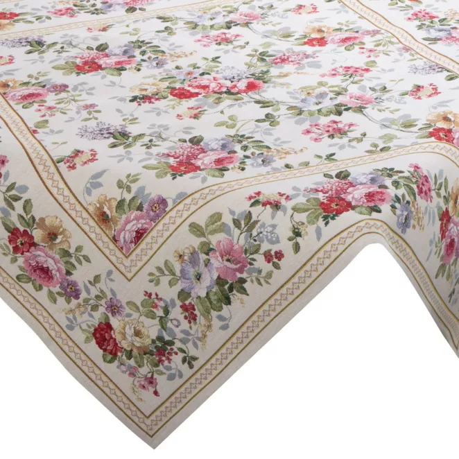 Obrus naturalno, różowy 100x100 cm gobelinowy zdobiony motywem kwiatów