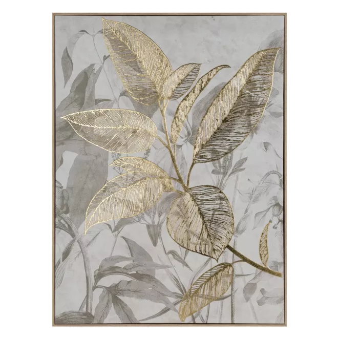 Obraz beżowo, złoty nadruk na płótnie z motywem liści 60x80 cm Eurofirany