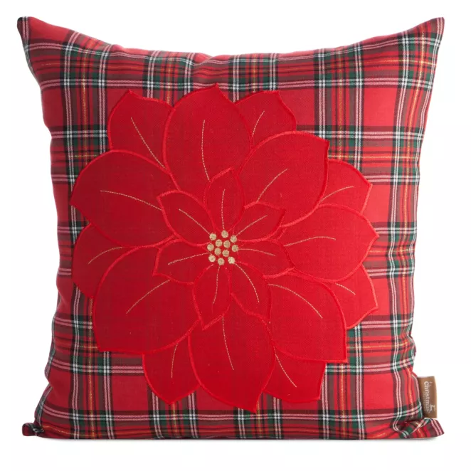 Poszewka na poduszkę świąteczna 45x45 cm czerwono, zielona w kratę i zdobiona haftem Eurofirany