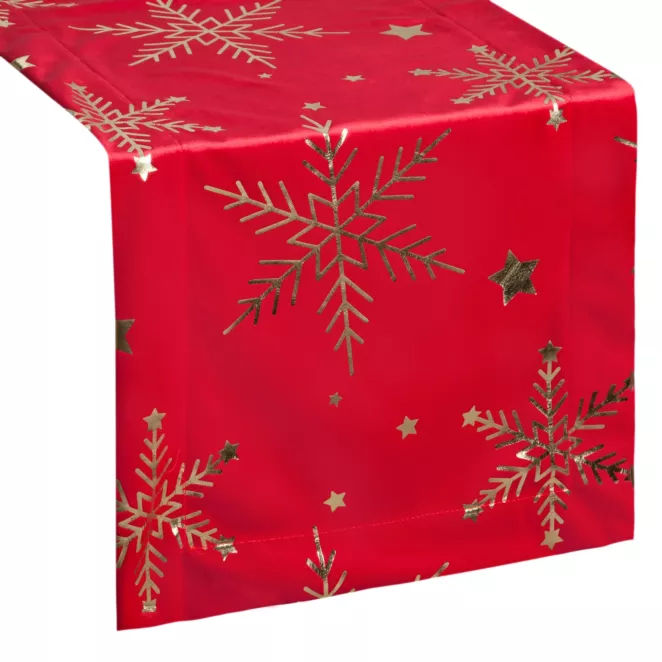 Bieżnik świąteczny 40x140 cm czerwono, szampański welwetowy zdobiony błyszczącym nadrukiem Eurofirany