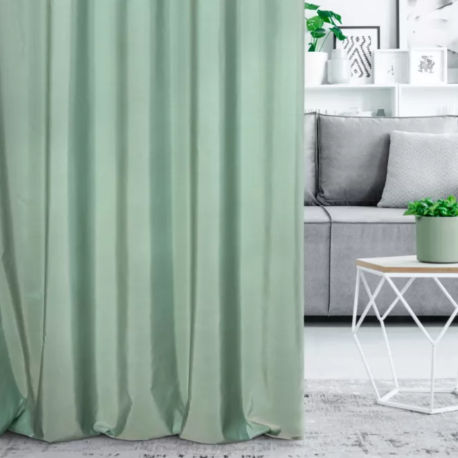 Zasłona szyta na taśmie fala miętowa z gładkiej tkaniny z delikatnym połyskiem