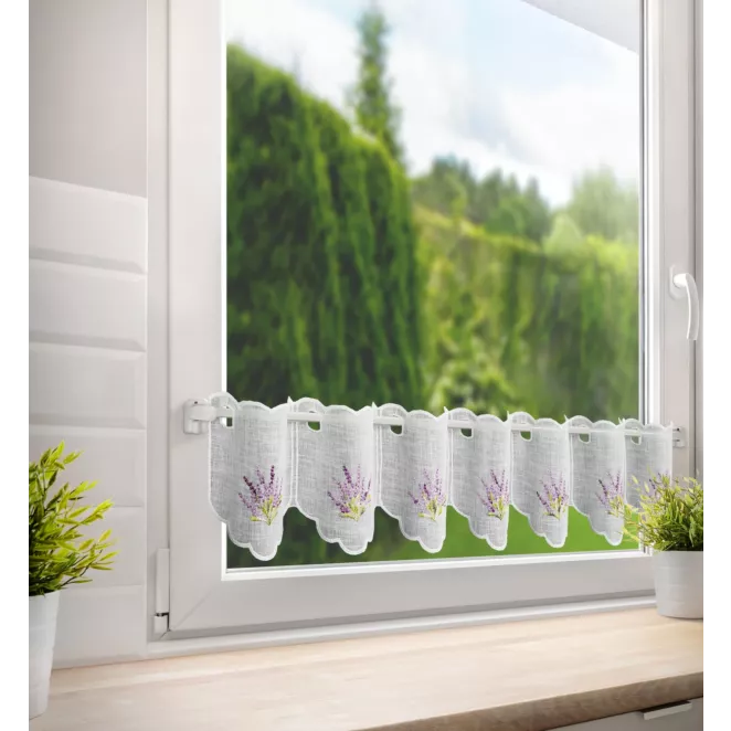 Tkanina firanowa zazdrostka z etaminy zdobiona haftem lawendy Eurofirany