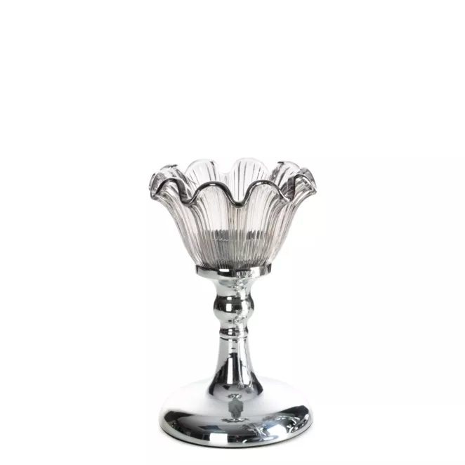 Świecznik dekoracyjny srebrno, grafitowy o szklanej kwiatowej formie średnica 11x17 cm ADENA Eurofirany