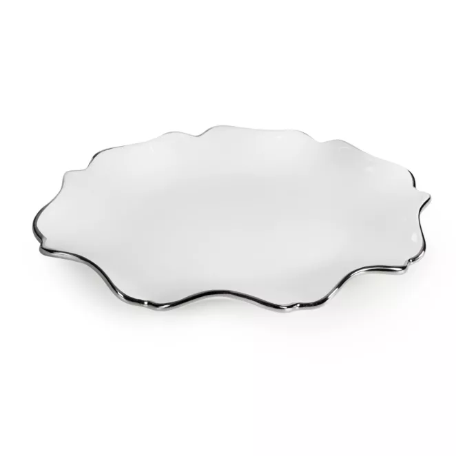 Patera ceramiczna dekoracyjna biało-srebrna z falującymi brzegami 25x18x3 cm AUREN 2 Eurofirany