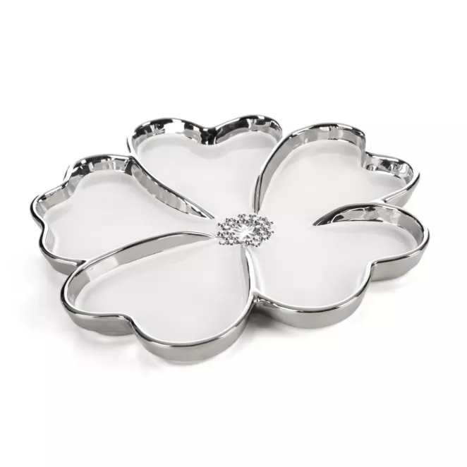 Patera dekoracyjna biało, srebrna w formie stylizowanego kwiatu 33x3 cm NEFRE Eurofirany