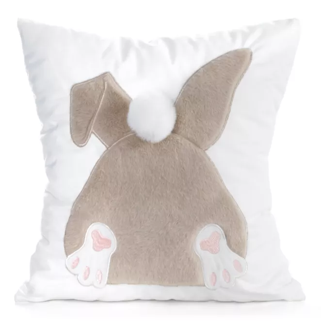 Wielkanocna poszewka na poduszkę 45x45 cm welwetowa z uroczym zajączkiem biało, beżowa WIOSNA 129 Eurofirany
