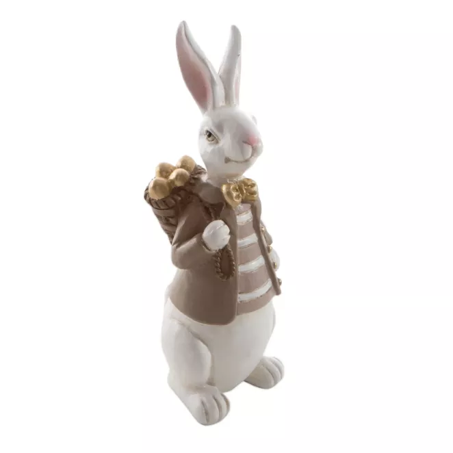 Wielkanocna figurka dekoracyjna zajączek w sweterku biało, beżowej kolorystyce Eurofirany